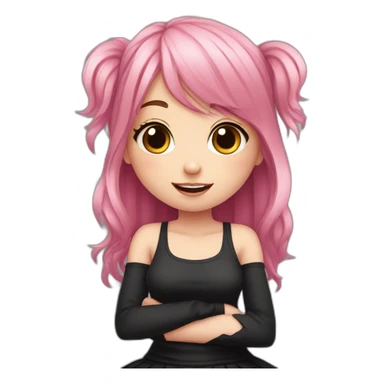 Full body Front view curvy emo girl pink hair sits on the floor straight view hands up black skirt полосатые рваные чулки sticker