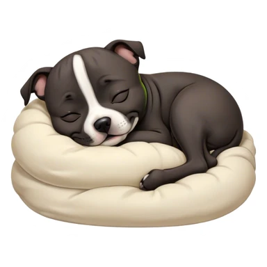 Meme-Worthy Cute Sleeping Black/Brindle Staffordshire Bull Terrier Portrait Emoji, Head resting peacefully with a contented smile, showcasing a delightfully compact build and a luxuriously soft Fur with an attractive black and brindle blend, eyes shut in a serene nap, Simplified yet hilariously adorable features, highly detailed, glowing with a soft, drowsy light, high shine, relaxed and utterly lovable, stylized with an air of playful laziness, bright and heartwarming, soft glowing outline, capturing the essence of a comically sleepy guardian, so meme-worthy it feels like it could instantly become the next viral sensation of adorable slumber! sticker