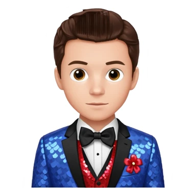Tom Holland with brown hair, red shirt, periwinkle sequin suit jacket with bow tie sticker