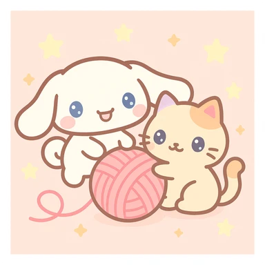Cinnamoroll and a cat playing with a ball of yarn, kawaii style, gentle colors, happy mood sticker