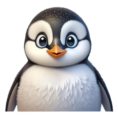 Cinematic Cute Baby Penguin Portrait Emoji, Head tilted playfully and inquisitively, with irresistibly fluffy plumage accented by a tiny beak and round, sparkling eyes filled with wonder, Simplified yet irresistibly adorable features, highly detailed, glowing with a warm, friendly polar glow, high shine, affectionate and lively, stylized with a touch of whimsical charm, bright and endearing, soft glowing outline, capturing the essence of a mischievous yet loving penguin that feels like it could slide out of the screen into your arms! sticker