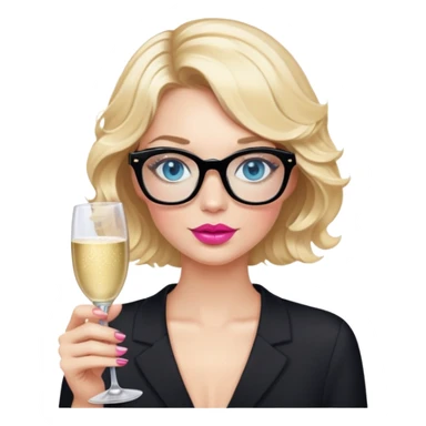 Blonde woman with short wavy hair, blue eyes nearly closed and pink lips wearing black glasses. holding a champagne glass  sticker