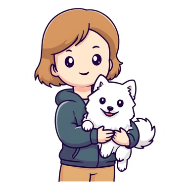 light brown hair girl with pale skin holding a white Japanese spitz dog sticker