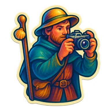 medieval pilgrim holding a camera sticker