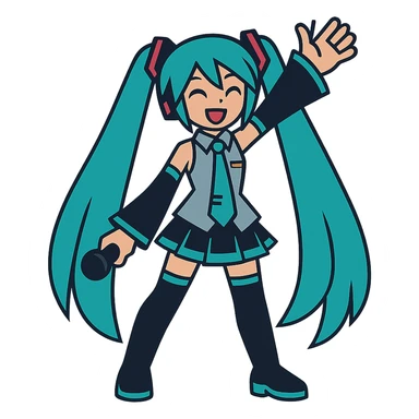 Hatsune Miku, teal twin tails, futuristic pop idol, vibrant, full body sticker