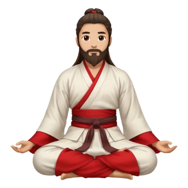 Beautiful man with lightly tan skin and dark long beard, long hair in bun, in white and red Hanfu sitting on the ground sticker