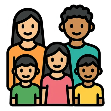 A Hispanic family of five standing together with transparent background: mom with long straight hair, dad with short curly hair, two boys with matching short hair, and one girl with long straight hair, correct genders and ages, color outline style sticker