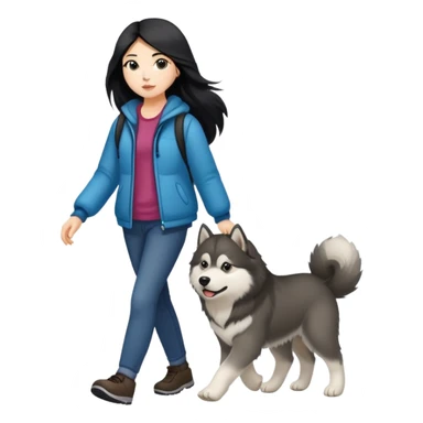 A girl with long black hair walking a small Alaskan Malamute  sticker