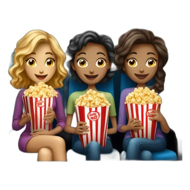 three beautiful ladies watching movie at the cinema eating popcorn, dark background sticker