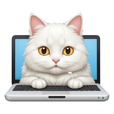 white cat laying on a bed, sitting at a computer, simple and expressive sticker