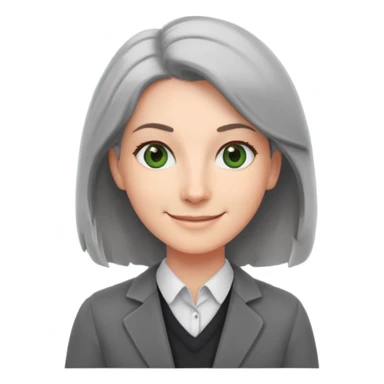 smiling English teacher with airtouch hair and grey-green eyes standing in front of a classroom with chalkboard sticker