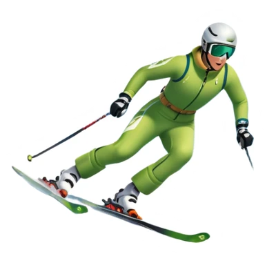 An icon featuring snowy peaks, pine trees, and a picturesque mountain landscape with a skier racing down a snow-covered slope. The sky is blue with soft clouds, capturing the thrill and beauty of alpine skiing. Transparent background highlights the excitement and serenity of winter sports. sticker