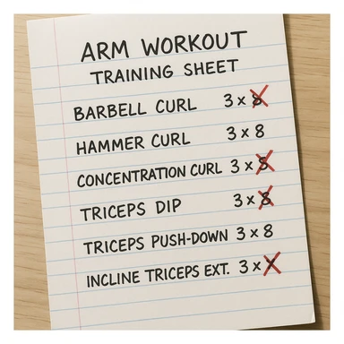 Top view of a handwritten arm workout training sheet with exercises and red X marks on some, hyperrealistic photography style, 4K quality, natural lighting. sticker