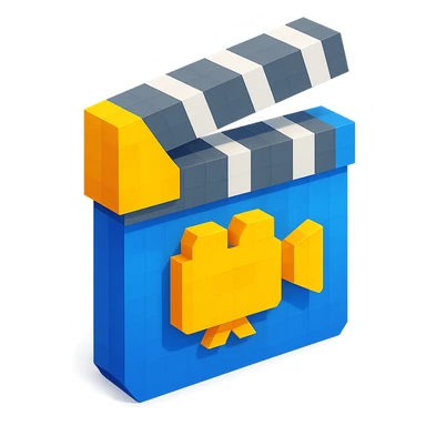 voxel style movie clapperboard with a camera icon, isometric view sticker
