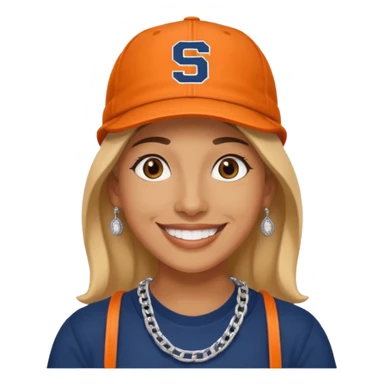 Me smiling and on my cell wearing Syracuse University hat and chain necklace. sticker