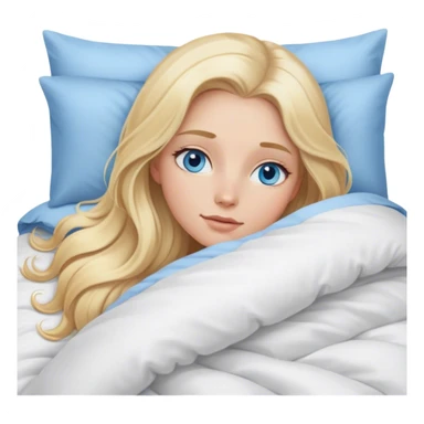 Cinematic realistic blonde with long hair, blue eyes and delicate features, lying in a cozy, soft bed, covered with a duvet sticker