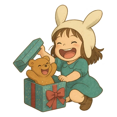 full-body laughing chibi girl in bunny hat opening glittery gift box with laughing teddy bear inside, soft Ghibli style sticker