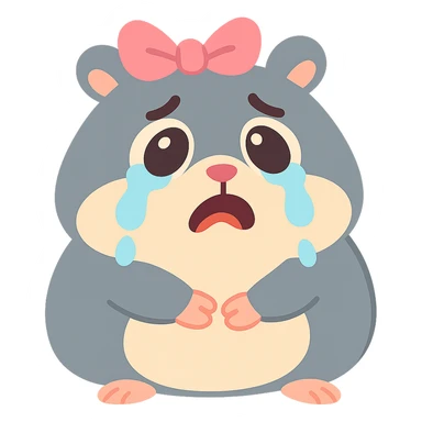a small, round gray hamster with tears in its eyes and a pink ribbon on its head, soft pastel style sticker