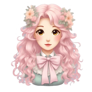 Gorgeous pastel anime style lady with blushing face and flowers and laces and bow ties and pretty hair aesthetic trending style sticker