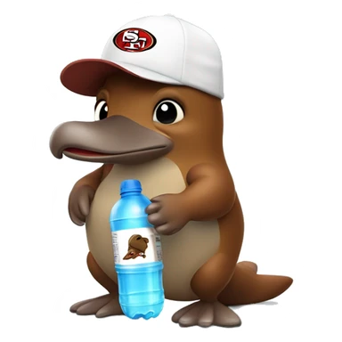 brown cartoon platypus wearing a white 49er hat holding water bottle sticker