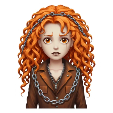 cinematic Megadeth - iconic corpse made of rusty metal with chains on its teeth, huge curly orange hair sticker