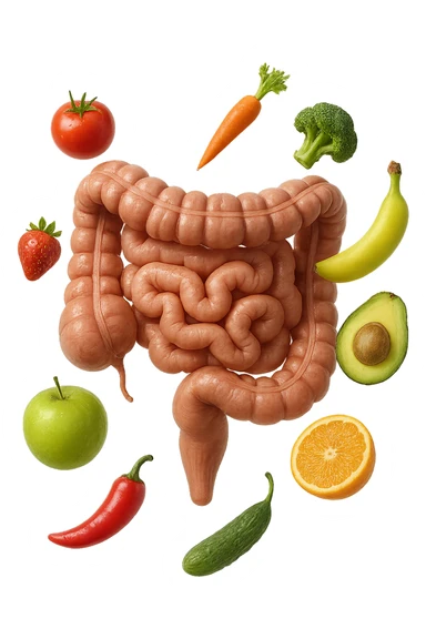 frutta e verdura fluttua intorno ad un intestino umano anatomico realistico, iperrealistico 4k sticker