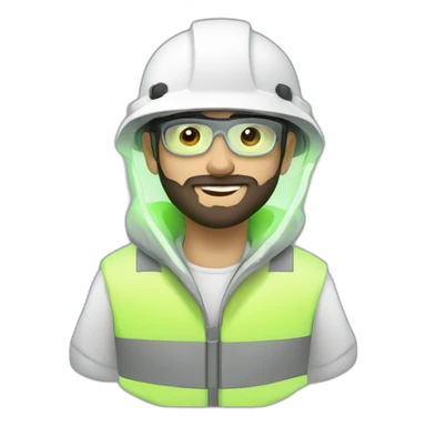 A young electrical engineer with a light black beard, a white helmet and a phosphorescent protection jacket sticker