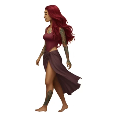 Beautiful tattooed  burgundy long haired woman walking on the beach sticker