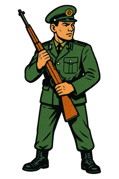 The full body of an east German soviet border guard holding a 1950s rifle close to his body sticker