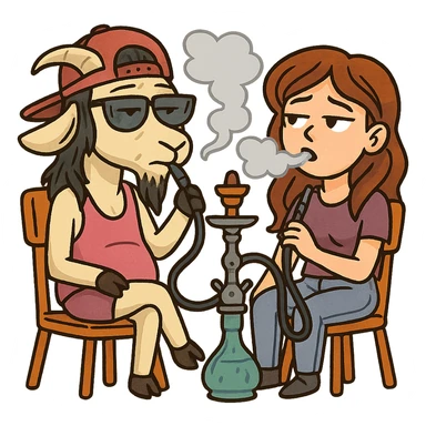 goat for Telegram stickers inspired by reference https://attic.sh/feoducyurkpqwz0la088soao98sx: wearing a cap, glasses, mullet hairstyle, pink drunkard tank top, sitting on a chair, smoking hooka with a girl https://i.ytimg.com/vi/x9PRt8xgy7Y/hqdefault.jpg . transparent background  sticker