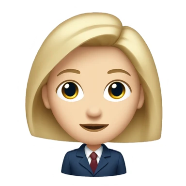 An adult girl, blue eyes, straight blond hair, dark blue jacket suit, burgundy office shirt. sticker