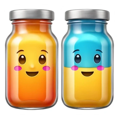 two small glass jars with metal lids filled with colorful purée no label or extras soft lighting subtle shadows emoji scale sticker