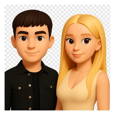 Slightly increase the volume of the upper body of the girl, separate the girl and the boy from each other, make the skin color the same for both characters. Maintain the cartoonish 3D style as in the reference image. Keep the background transparent. sticker