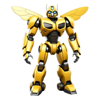 Futuristic robotic bumblebee character in the exact style of Bumblebee from Transformers movies, highly detailed 3D model sticker