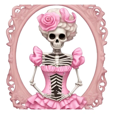 Skeleton wearing a pink laced corset top with ruffles  sticker