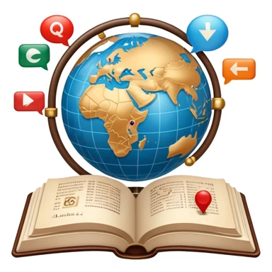 An icon featuring an open book with speech bubbles showing different alphabets—Latin, Cyrillic, Kanji. A globe and translation arrows symbolize global communication and language learning. Transparent background highlights cultural exchange and linguistic diversity. sticker