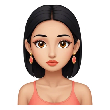 Tez morena, pelo negro largo lacio sin peinado, cejas pronunciadas, ojos grandes color marrones oscuro con pestañas largas, nariz pequeña, labios grandes color coral, rubor coral, top corto negro, orejas pequeñas y pantallas color oro sticker