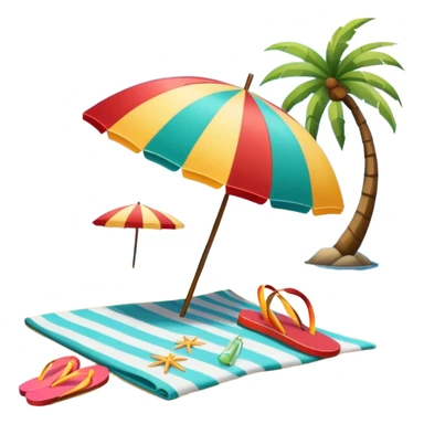 Icon for Beach Tourism: with the ocean and palm trees in the background, a sun umbrella, flip-flops, and a beach towel on the sand. The icon should represent relaxation and fun at the beach. Transparent background. sticker