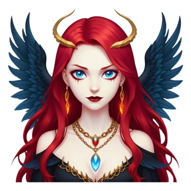 half body portrait of an extremely diabolical girl with pale white skin, massive towering wings, very long flowing blood red hair, glowing blue eyes, black hellfire aura, no horns, evil grin, gold necklace sticker