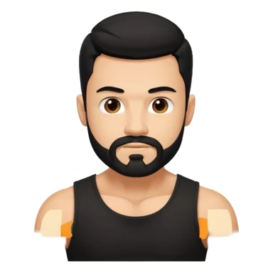 generate an ios genmoji of a fair guy with black wearing a sleevless black tshirt with big biceps and a goatee style beard sticker