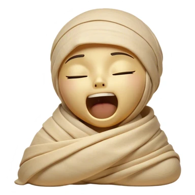 Cinematic Cute Yawning Mummy Portrait Emoji, with a snug, slightly askew bandaged form in warm, faded tones with gentle golden accents, head tilted back in a big, sleepy yawn revealing cute hints of ancient charm, simplified yet adorably detailed, glowing with a soft, nostalgic radiance and a gentle outline that captures a mummy’s tender need for rest! sticker
