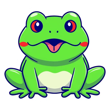 Exaggerated cartoony green frog with big bulging cross-eyes and long tongue sticking out, comic-style with silly expression sticker