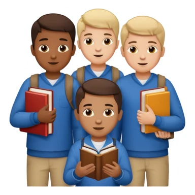 generate a group of 3 boys, all different looking.Holding books. one of them calling on a mobile sticker
