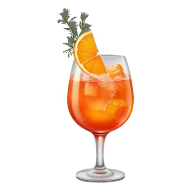One Aperol spritz in a wine glass with three ice cubes, one slice of an orange, and one strand of thyme in it sticker