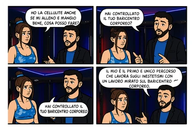TRASFORMA QUESTO CAROSELLO IN UN FUMETTO CON QUESTE DUE PERSONE IDENTICHE CHE INTERLOQUISCONO TRA LORO:

LEI: Ho la cellulite anche se mi alleno e mangio bene, cosa posso fare?

LUI: Hai controllato il tuo baricentro corporeo?
Sapevi che se il peso del tuo corpo cade in avanti o da un lato, c’è un disallineamento fra bacino e torace, che comprimendo le coste, limita la motilità del diaframma e l’ossigenazione dei tessuti?
Il mio è il primo e unico percorso che lavora sugli inestetismi con un lavoro mirato sul baricentro corporeo. sticker