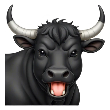 Cinematic Cute Yawning Black Bull Portrait Emoji, Head tilted slightly with a dramatic, wide-open yawn, showcasing a smooth, pure black hide with a subtle texture, floppy ears slightly drooping, round dark eyes barely open in drowsy contentment, Simplified yet irresistibly adorable features, highly detailed, glowing with a soft, cozy glow, high shine, relaxed yet expressive, stylized with a touch of rugged whimsy, bright and endearing, soft glowing outline, capturing the essence of a sleepy yet affectionate guardian, so drowsy it feels like it could charge right out of the screen and curl up for a nap! sticker