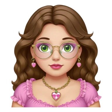 Girl girl with middle parted long wavy brown hair. green gold eyes. Plus size. pink frilly top. gold nose ring. pink heart crystal necklace. Gold rimmed glasses sticker