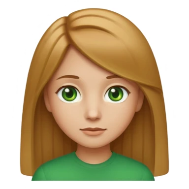 apple style emoji of a girl with light brown (русые) hair, 1A-1B straight hair texture, green eyes sticker