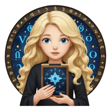 A long wavy haired blonde girl with blue eyes, wearing black, holding astrology chart with Virgo symbol  sticker