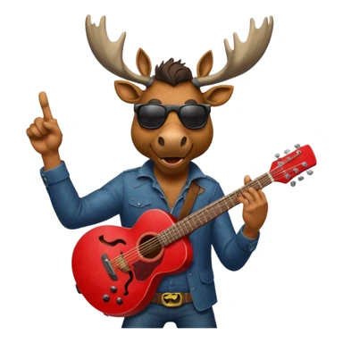 A man with a moose head in alaska pointing a red guitar directly up in the air. Make the graphics gritty and realistic like the moose man is a villian in a high budget batman movie. sticker